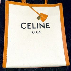 Celine White Canvas Tote with Tan Leather Trim